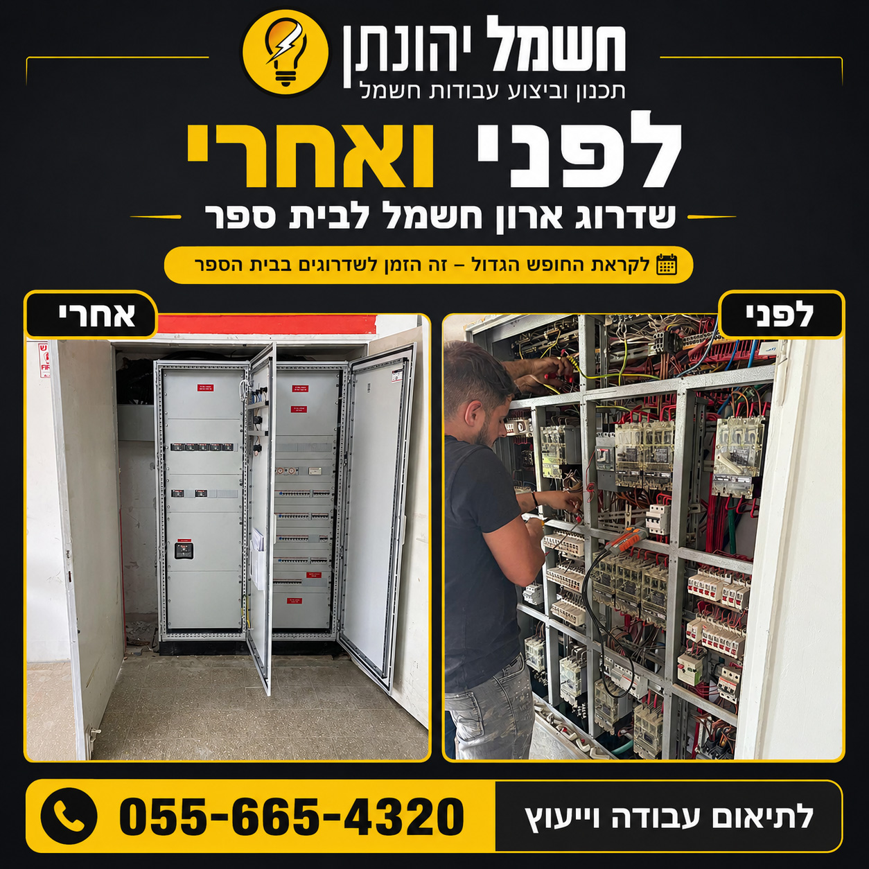 לפני ואחרי התקנת לוחות חשמל וארונות חשמל
